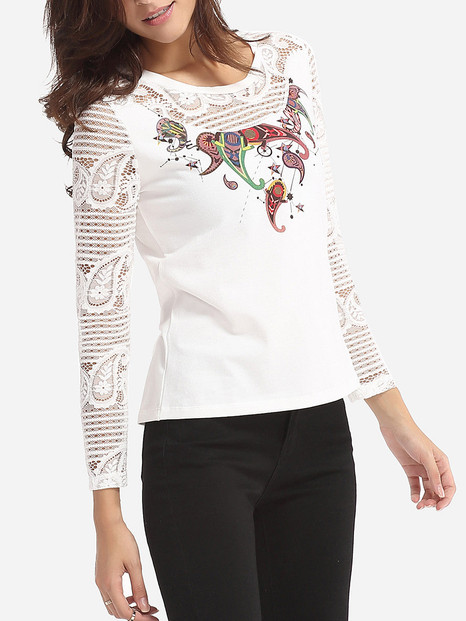 Casual Hollow Out Lace Paisley Patchwork Women's Round Neck Long-sleeve-t-shirt