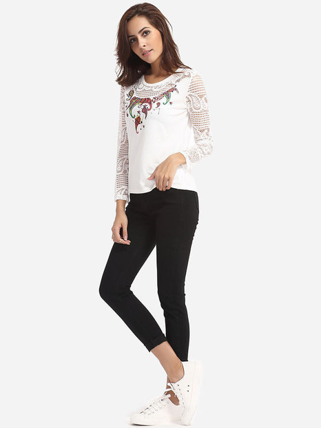 Casual Hollow Out Lace Paisley Patchwork Women's Round Neck Long-sleeve-t-shirt