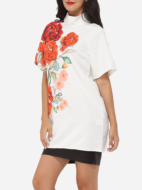 Casual Band Collar Dacron Floral Printed Short-sleeve-t-shirt