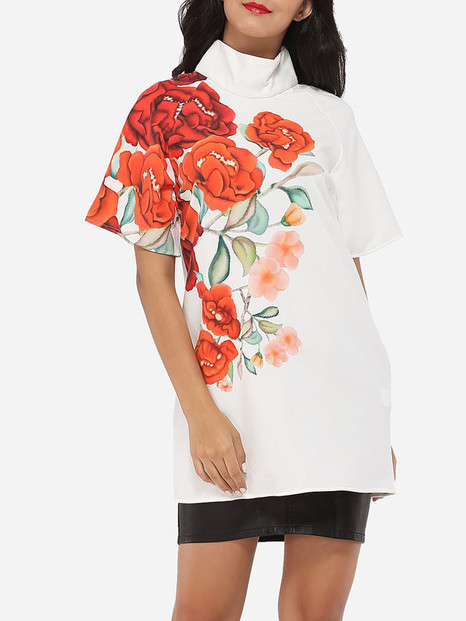 Casual Band Collar Dacron Floral Printed Short-sleeve-t-shirt