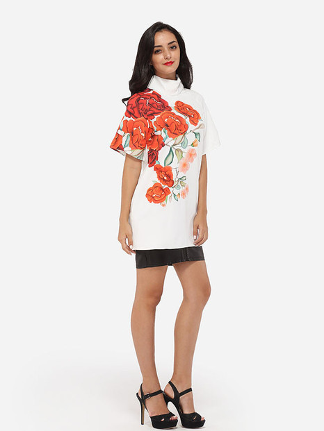 Casual Band Collar Dacron Floral Printed Short-sleeve-t-shirt