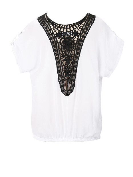 Casual Round Neck Patchwork Hollow Out Short Sleeve T-Shirt