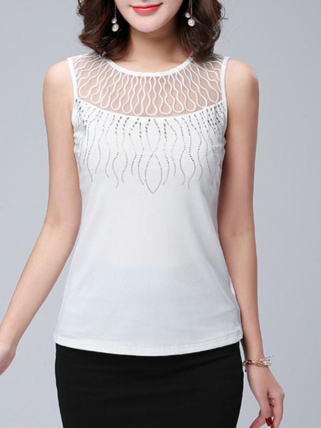 Casual Round Neck Rhinestone Hollow Out Plain Sleeveless T-Shirt