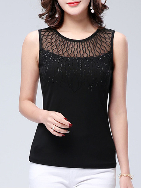 Casual Round Neck Rhinestone Hollow Out Plain Sleeveless T-Shirt