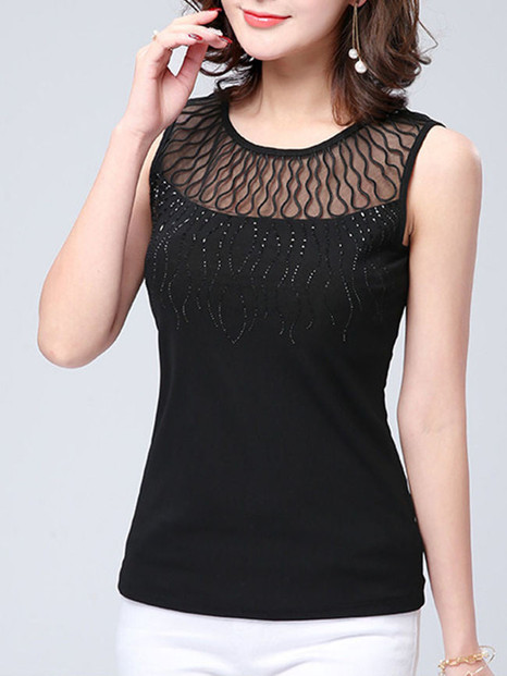 Casual Round Neck Rhinestone Hollow Out Plain Sleeveless T-Shirt