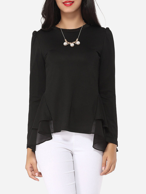 Casual Plain Falbala Courtly Round Neck Long-sleeve-t-shirt