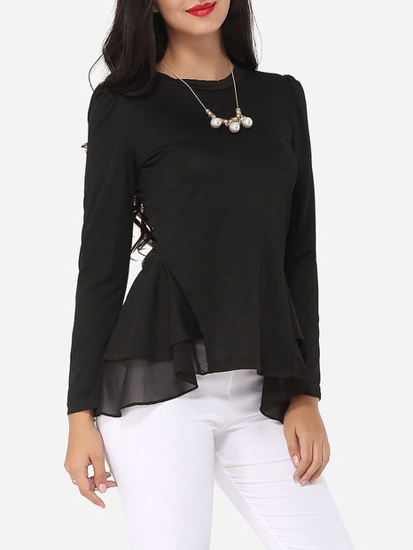 Casual Plain Falbala Courtly Round Neck Long-sleeve-t-shirt