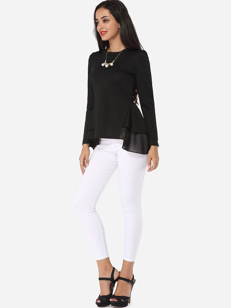 Casual Plain Falbala Courtly Round Neck Long-sleeve-t-shirt