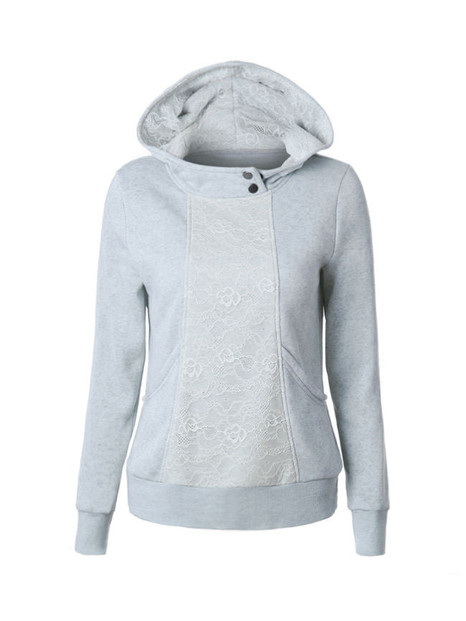 Casual Hooded Decorative Button Lace Hoodie