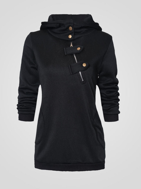 Casual Fancy Hooded Decorative Buttons Plain Hoodie