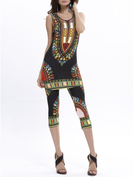 Casual Fitted Sleeveless Tribal Printed T-Shirt And Midi Pant