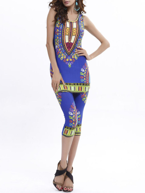 Casual Fitted Sleeveless Tribal Printed T-Shirt And Midi Pant