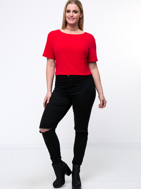 Casual Bowknot Back Hole Plain Round Neck Cropped Plus Size T-Shirt