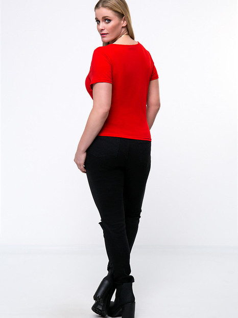 Casual Deep V-Neck Hollow Out Solid Plus Size T-Shirt In Red