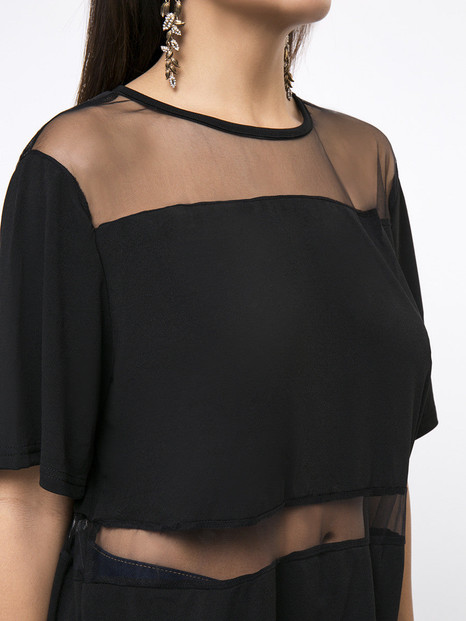 Casual Patchwork See-Through Exposed Navel Plain Plus Size T-Shirt