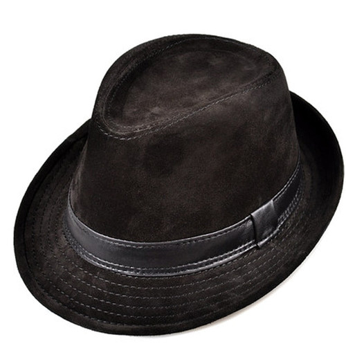 Men Genuine Leather Suede Cow Skin Nubuck Brown Fedoras Hats
