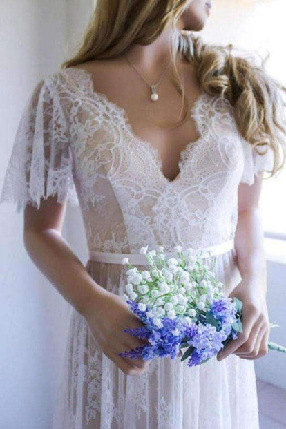 Romantic Open Back V Neck Short Sleeves Wedding Dresses W368