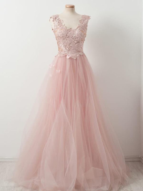 Sweet Pink Lace Top Tulle Scoop Neck Sleeveless Elegant Prom Dresses ,PD00104