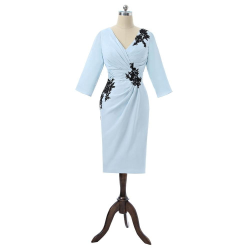 Blue V neck lace Appliques chiffon Mother Of The Bride Dresses Sheath 3/4 Sleeves Formal Mother Dress