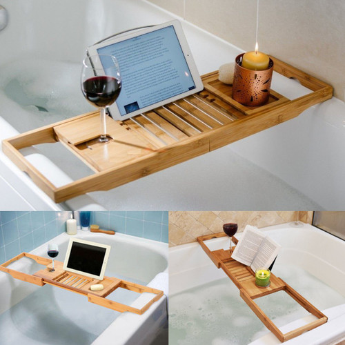 Luxury Bathroom Bamboo Bath Bathtub Shelf Bridge Tub Caddy Tray Rack Retractable Wine Glass Book Holder Bathtub Rack Support