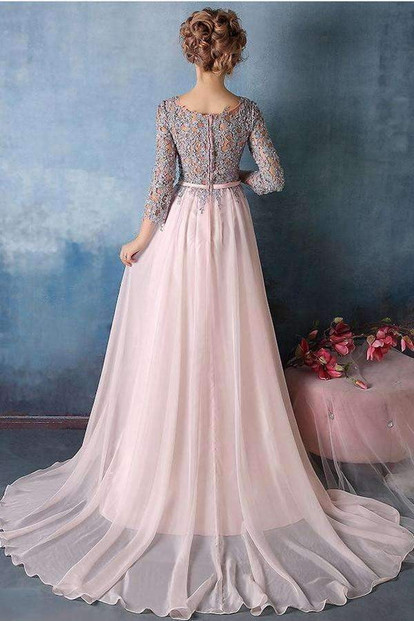 Pink A Line Sweep Train Jewel Neck 3/4 Sleeve Appliques  Prom Dress,Evening Dress P255