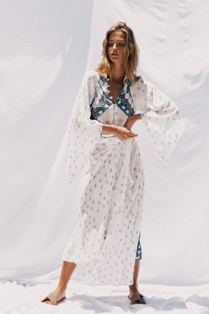 Printed Dots Bohemian Vacation V-neck Cropped Sleeve Beach Long Dress