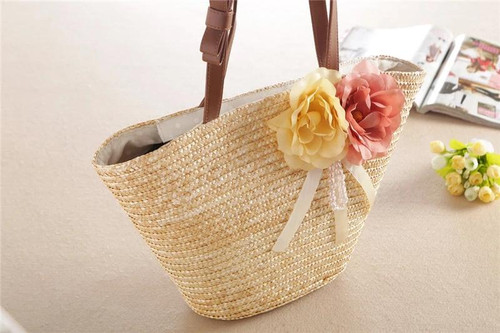 Casual Summer Beach Flower Ribbon Handle Straw Bags Shoulder Bags