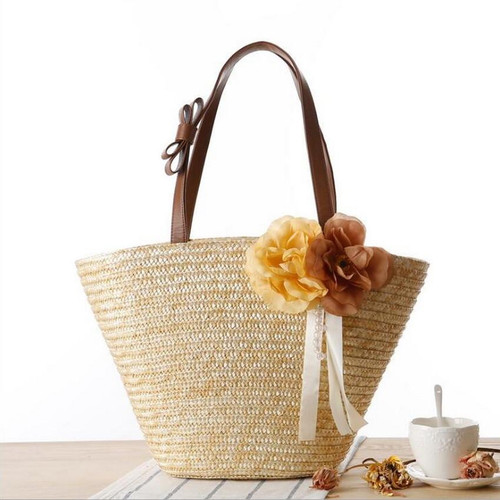 Casual Summer Beach Flower Ribbon Handle Straw Bags Shoulder Bags