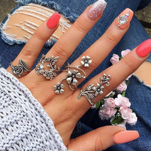 Vintage 4 Pcs Ring Set Bohemian Flower Silver Rings Punk Knuckle Ring Set