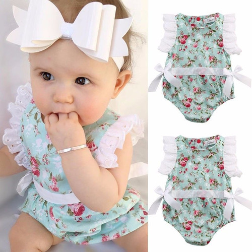 Newborn Infant Baby Girls Cute Pretty Romper Short Petal Sleeve Floral Print Lace Bowknot Summer Jumpsuits Romper