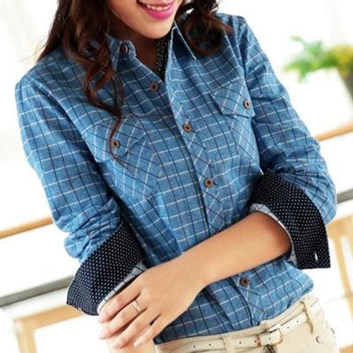 2018 New Casual Button Down Lapel Neck Plaids Checks Flannel Blouse Shirts Women Long Sleeve shirt