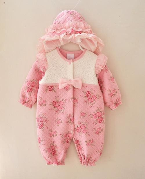 Winter Newborn Baby Girl Clothes Thicken Floral Princess Jumpsuit Clothing Sets Girls Bodysuit+ Hats