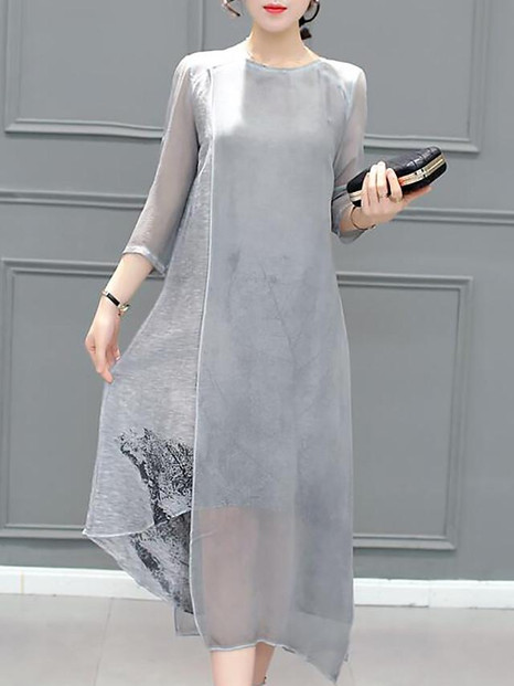 Women's Chiffon Dress Knee Length Dress - 3/4 Length Sleeve Print Layered Summer Plus Size Hot Going out Gray S M L XL XXL 3XL 4XL 5XL