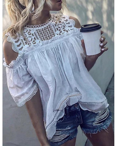 Women's T-shirt Solid Colored Lace Ruffle Round Neck Tops Basic Top White Orange Brown-0207829