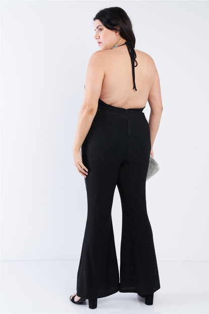 Plus Size Black Sequin Criss Cross Open Back Jumpsuit