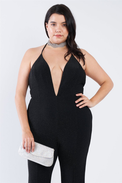 Plus Size Black Sequin Criss Cross Open Back Jumpsuit