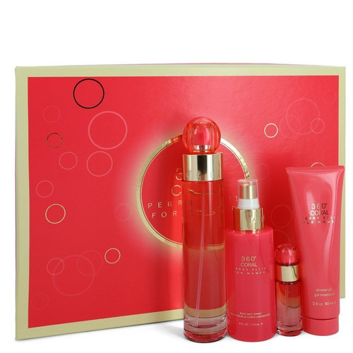 Perry Ellis 360 Coral by Perry Ellis Gift Set -- 3.4 oz Eau De Parfum Spray + .25 oz Mini EDP Spray + 4 oz Body Mist Spray + 3 oz Shower Gel (Women)