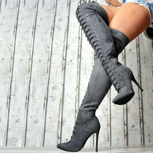 Boot - Winter Suede Bandage Pointed Knee High Boots