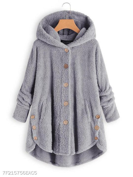 Hooded Decorative Buttons Plain Coat