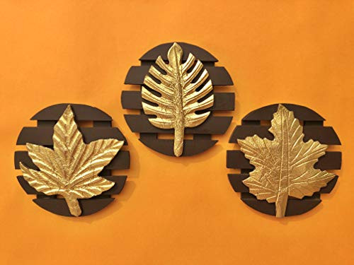 Brown Square Set of 3 Leaf Wall Art -Brass Wood for Home Decor/Living Room