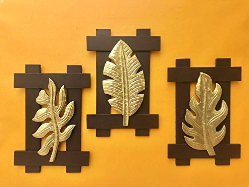Brown Square Set of 3 Leaf Wall Art -Brass Wood for Home Decor/Living Room