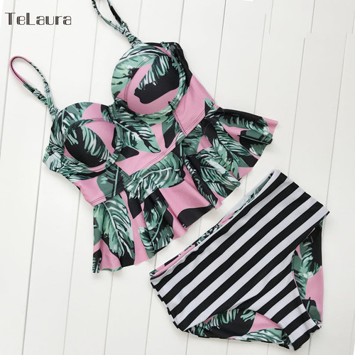 High Waisted Tankini Palm Leaf Floral Two Piece  Swimsuit
