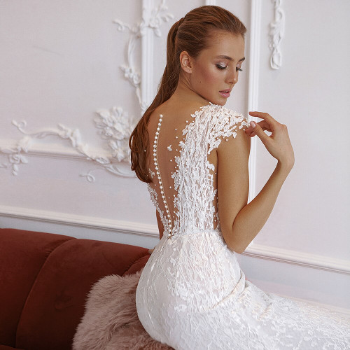 Beading Pearls Lace Mermaid Wedding Dresses With Detachable Train 2 Pieces