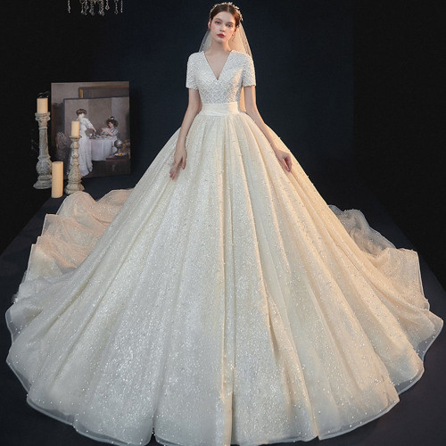 All Over Full Pearls Shiny Ball Gown Wedding Dress With Chapel Train