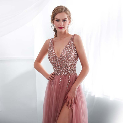 Beading Evening Dress V-Neck Pink High Split Tulle Sweep Train Sleeveless Prom Gown A-line Lace Up Backless