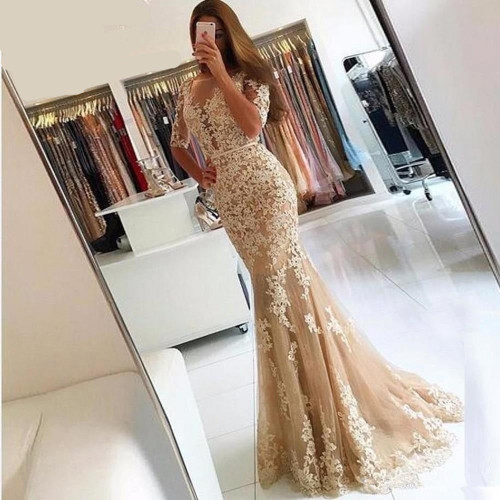 Champagne Evening Dress Gorgeous Tulle Lace Appliqued Beaded Backless