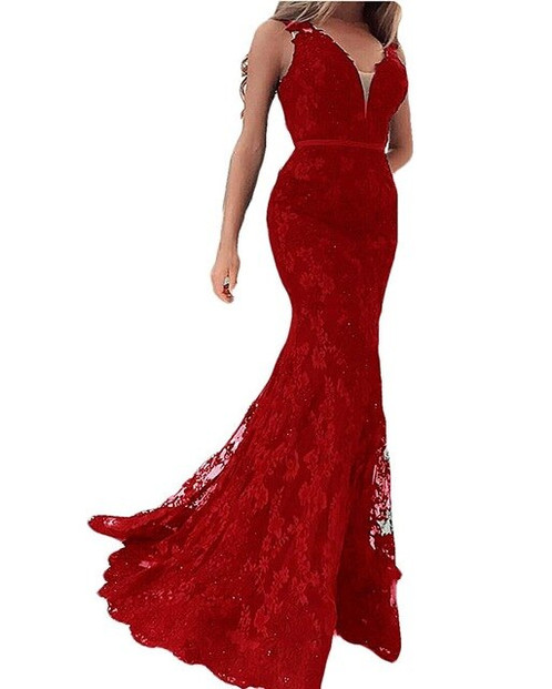 Evening Dress V-Neck Illusion Mermaid Lace Appliqued