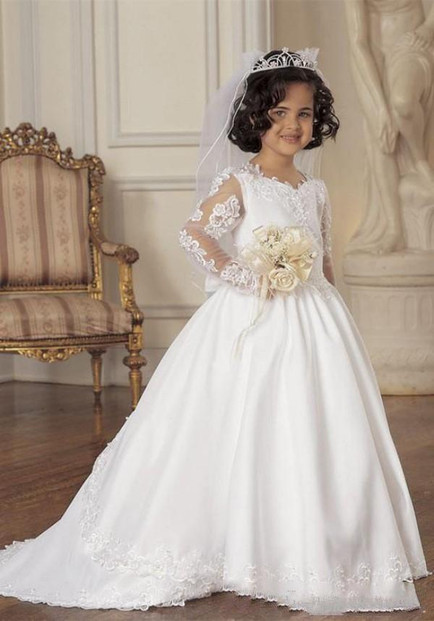 Long Sleeve Flower Girl Dresses A Line V Neck Lace Applique