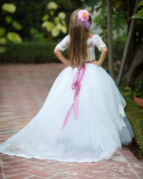 Cute Bateau White Flower Girls Dresses For Wedding With Sash Half Sleeves