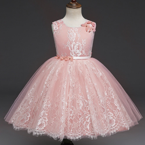 Flower Girls Dress With Ribbon Belt Charming Lace Bow Back